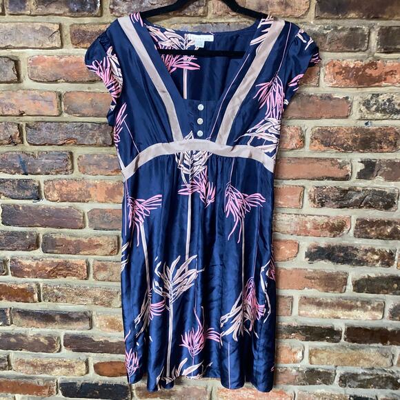 Harkham Navy Blue Floral Silk Short Sleeve Mini Dress Women's Size 6 - Picture 1 of 6